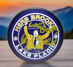 Herb Brooks Statue Event Exclusive Signed Hockey Puck OC with Dan & kelly Brooks