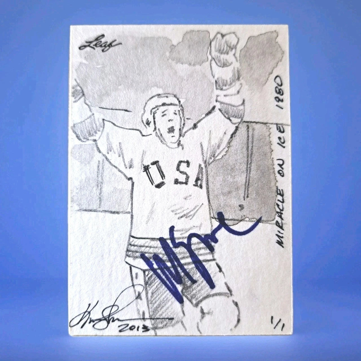 Mike Eruzione Signed Kevin-John Sketch Card — Leaf 2013, 1/1, JSA — photo 1