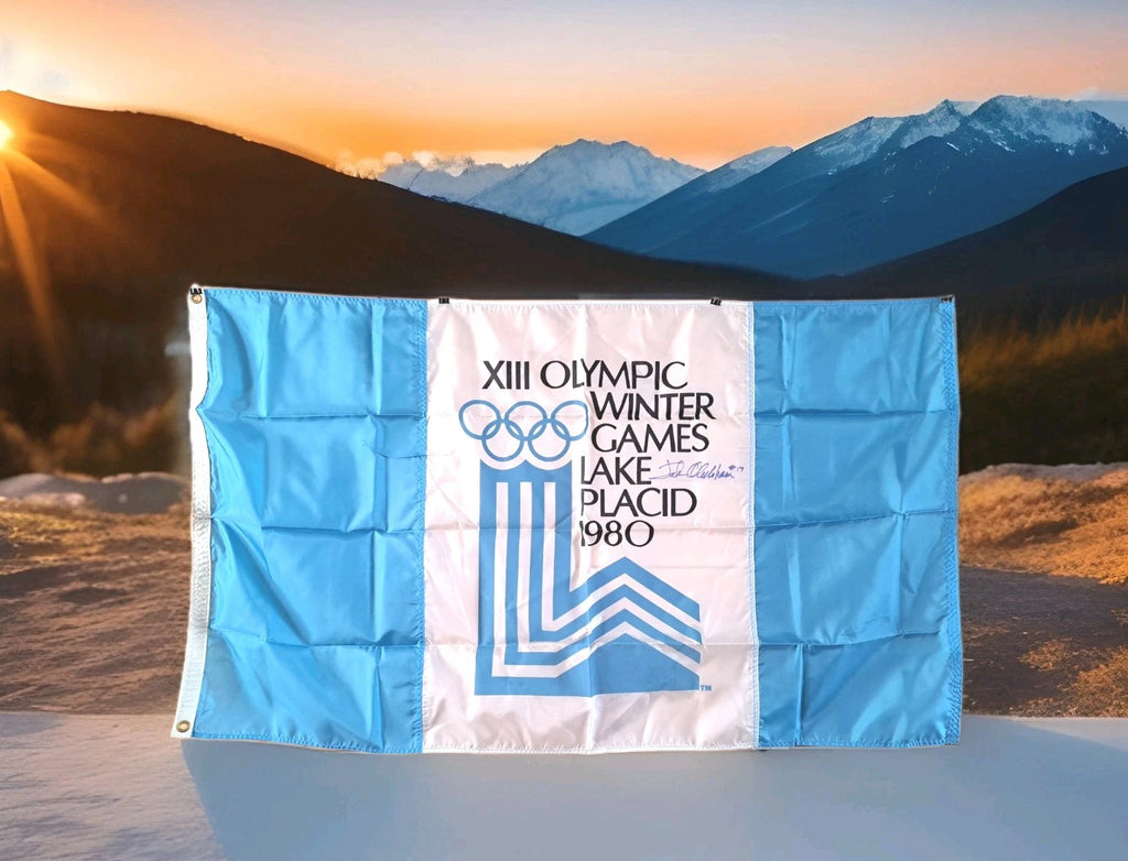 Jack O’Callahan Signed 1980 Winter Olympics Flag — 58×33 inches — photo 1