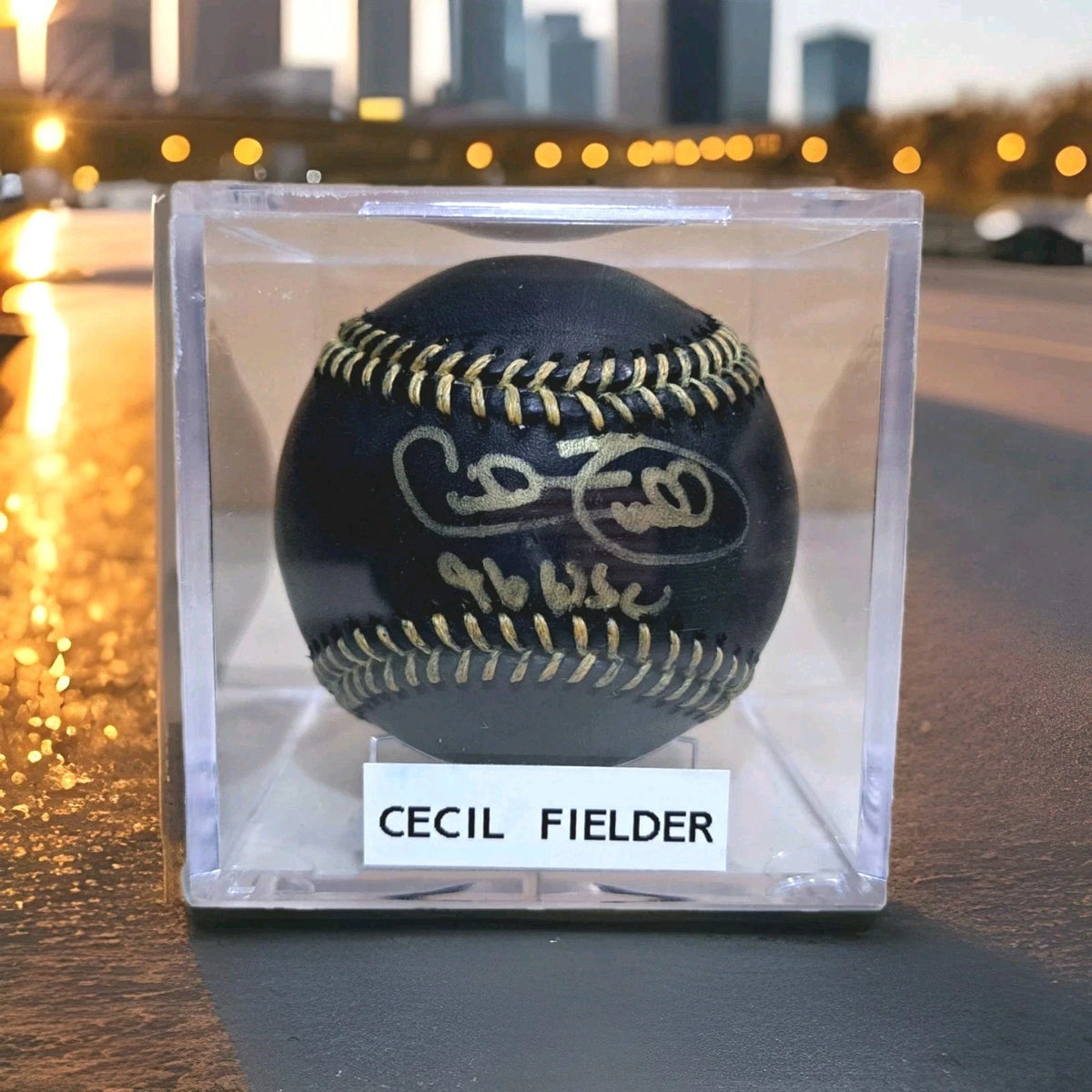 NY YANKEES Cecil Fielder Signed 1996 World Series Champions Black Baseball