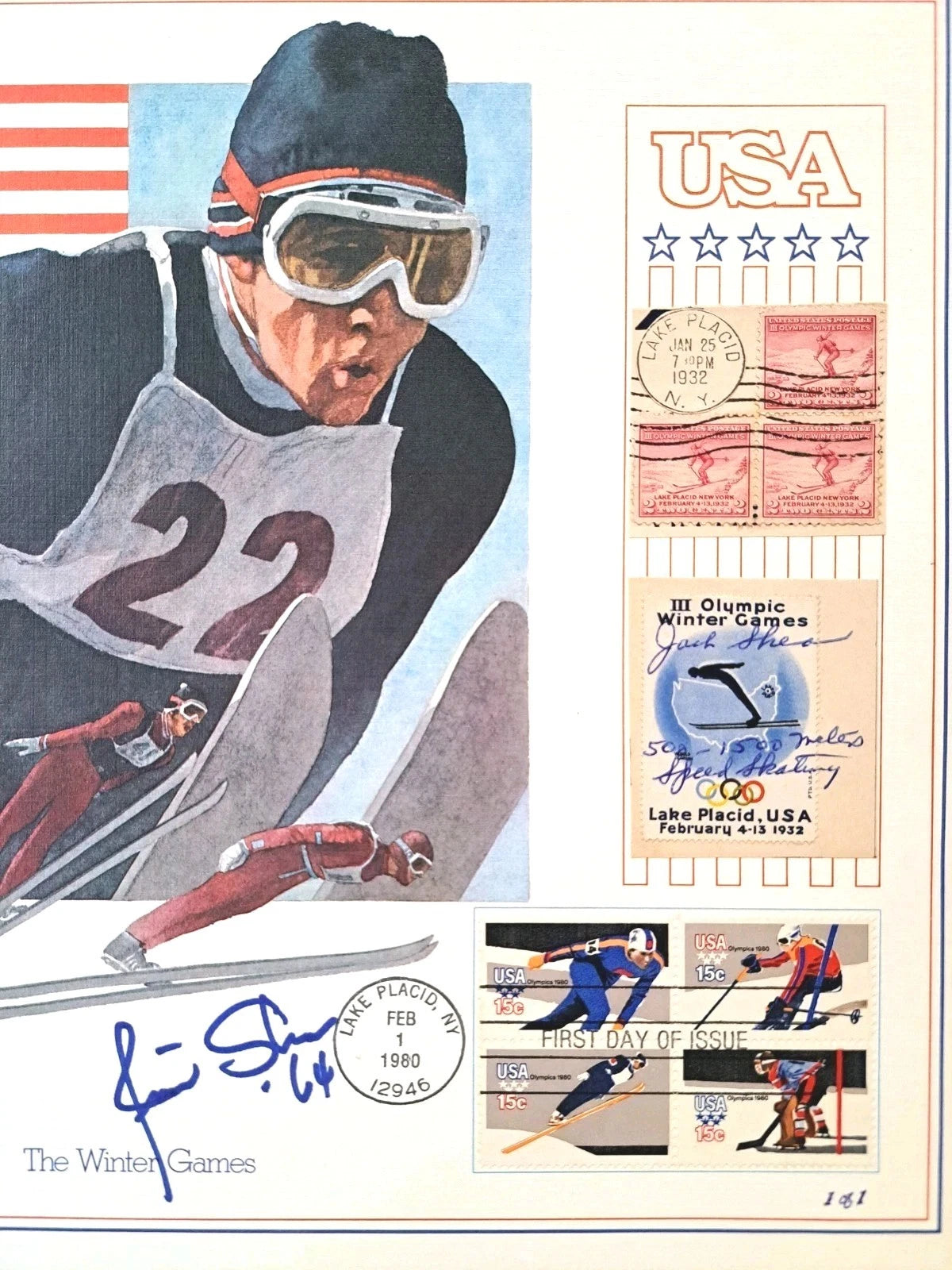 Shea Family Signed 1980 Winter Olympics Postal Lithograph — 1 of 1 — photo 2