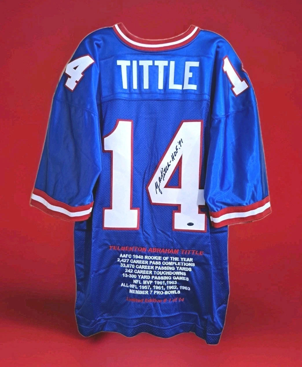 NY Giants Signed Inscribed HOF Embroidered Jersey Y.A. Tittle Hologram